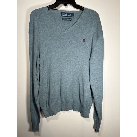 Polo RALPH LAUREN Pima Cotton Pullover Sweater V Neck Blue Quiet Luxury Large - Picture 1 of 5
